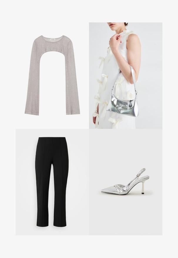 Silver long-sleeve top with a rounded neckline and cut-out below. Made of textured fabric, featuring a fitted design and flared sleeves.; Vero Moda Curve VMCBECKY PULL ON - Trousers - black; Silver slingback high heel shoe with a pointed toe, metallic finish, two decorative straps, and a slender heel with a black tip.; Silver metallic handbag with a structured shape, featuring a top handle and bow detail on the front. Smooth texture, reflective finish.
