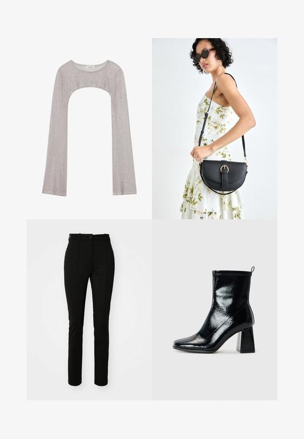 Srebrna bluza z dolgimi rokavi in okroglim izrezom, z izrezom spodaj. Narejena iz teksturiranega materiala, z oprijetim krojem in razširjenimi rokavi.; Črne poliesterske hlače v ožjem kroju, ravnim sprednjim delom in z enim gumbom za zapiranje, ki imajo detajle zgodnje pregibnosti in brez vidnih žepov.; Črne lakaste gležnjarice s kvadratnim nosom in masivnim geometrijskim petam. Imajo gladko, sijočo teksturo in zadaj potegovalno zanko za enostavno obuvanje.; Črna usnjena torbica s ukrivljeno obliko, z odstranljivo naramnico in zlatimi dodatki. Torbica ima pokrov s podrobnostmi v obliki zaponke.