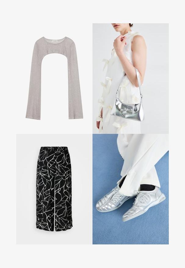 Ezüst hosszú ujjú felső kerek nyakkivágással és alul kivágott résszel. Texturált anyagból készült, testhezálló szabással és bővülő ujjakkal.; Fekete, bő szárú nadrág fehér absztrakt mintával, könnyű anyagból készült, rugalmas derékrésszel a kényelem érdekében.; Ezüst sportcipők sima, fényes felülettel, varrott mintázattal és a 90-es számmal az oldalán, fehér nadrággal párosítva.; Ezüst fémes kézitáska, struktúrált formával, felső fogantyúval és masnis részlettel az elején. Simaságával és fényes felületével tűnik ki.