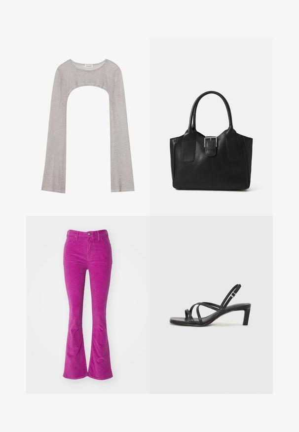 Sudraba garām piedurknēm augšdaļa ar noapaļotu dekoltē un izgriezumu zemāk. Izgatavota no teksturēta auduma, ar pieguļošu dizainu un plandošām piedurknēm.; Izflējušās džinsus spilgti rozā lins, ar piecām kabatām, pogu aizdari un smalku ribotu tekstūru visā virsmā.; Melnas strappy sandales ar kvadrātveida purngaliem un zemu bloku papēdi. Ievērojamas ar vairākiem plāniem siksniņām un regulējamu potītes siksniņu. Izgatavotas no gludas ādas.; Melnas ādas somiņa ar gludu tekstūru, strukturētu formu, divām rokturām un izteiktu sudraba sprādzi priekšpusē.