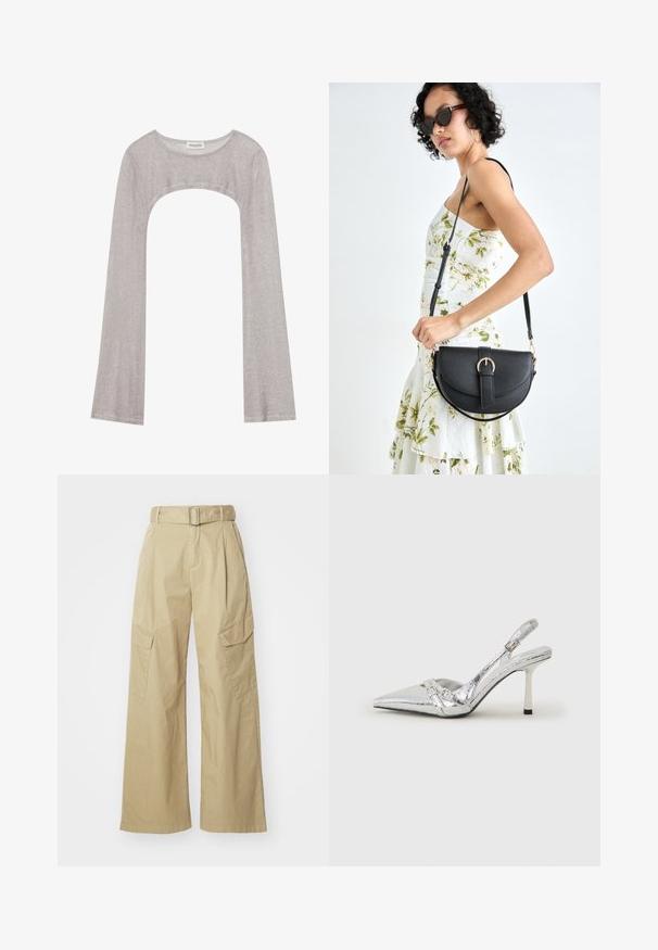 Sudraba garām piedurknēm augšdaļa ar noapaļotu dekoltē un izgriezumu zemāk. Izgatavota no teksturēta auduma, ar pieguļošu dizainu un plandošām piedurknēm.; Bežīgas kravas bikses ar plašu kāju, izgatavotas no viegla auduma. Iespējas ietver jostu, divas sānu kabatas un izteiksmīgus priekšējos plecus.; Sudraba slingback augstpapēžu kurpe ar norādītu purngalu, metālisku apdari, diviem dekoratīviem siksniņām un plānu papēdi ar melnu galu.; Melnas ādas rokassoma ar izliekta formu, noņemamu siksnu un zelta aksesuāriem. Somai ir vāciņš ar sprādzes detaļu.