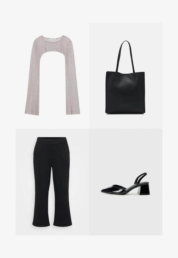 Top prateado de manga longa com um decote arredondado e recorte na parte inferior. Feito de tecido texturizado, apresentando um design ajustado e mangas largas.; Calças largas pretas com uma textura lisa e elástica. Apresentam uma cintura larga e detalhes canelados nos bolsos laterais.; Sandy em verniz preto com salto slingback, ponta afilada e salto geométrico. Apresenta um design elegante e minimalista com textura suave.; Bolsa tote preta em couro com textura lisa, forma retangular e duas alças longas. Sem hardware ou enfeites visíveis.