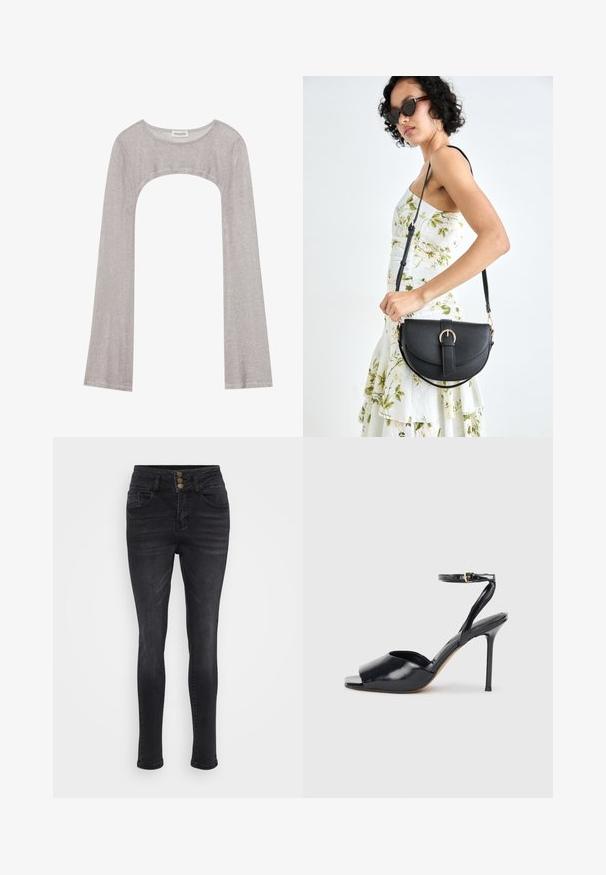 Sudraba garām piedurknēm augšdaļa ar noapaļotu dekoltē un izgriezumu zemāk. Izgatavota no teksturēta auduma, ar pieguļošu dizainu un plandošām piedurknēm.; Melni denima džinsi ar augsto jostasvietu, ar trim priekšējām pogām, divām sānu kabatām un šauru piegriezumu ar vieglu stiepšanos.; Melna patentāda ādas augstpapēžu sandaļa ar atvērtu purngalu, plānu stiletto papēdi un potītes siksniņu ar zelta sprādzi uz baltā fona.; Melnas ādas rokassoma ar izliekta formu, noņemamu siksnu un zelta aksesuāriem. Somai ir vāciņš ar sprādzes detaļu.