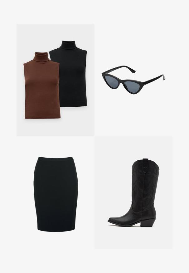 Dos tops sin mangas de canalé y cuello alto en marrón y negro, exhibidos sobre un fondo blanco liso.; Falda lápiz negra con una silueta ajustada, hecha de una tela suave y elástica. Presenta una cintura de altura media y un diseño hasta la rodilla.; Bota de cowboy de cuero negro con puntera puntiaguda, tacón bajo y apilado, y un intrincado patrón de hojas grabado en el eje. Asa en la parte superior para facilitar el uso.; Gafas de sol negras en forma de ojo de gato con lentes gris oscuro, marco de plástico elegante, esquinas puntiagudas y patillas rectas. Sin herrajes ni acentos visibles.; Bolso de mano de cuero burdeos con forma curva, acentos dorados en el herraje y cierre con cremallera. Incluye una correa de hombro desmontable.