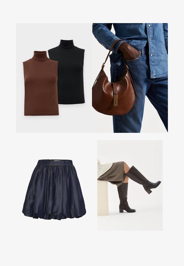 Dvě bezrukávové žebrované roláky v hnědé a černé barvě, vystavené na bílém pozadí.; Námořnická saténová sukně s elastickým pasem, nařasenými sklady a mírně rozšířeným designem. Jemná textura s hladkým leskem.; Hnědé kožené vysoké boty po kolena se čtveratou špičkou, robustním podpatkem a bočním zipem. Hladký povrch s lesklým povrchem.; Hnědá kožená hobo taška zaobleného tvaru, se zlatým kováním a kontrastním prošíváním. V kombinaci s džínovou košilí a džíny.