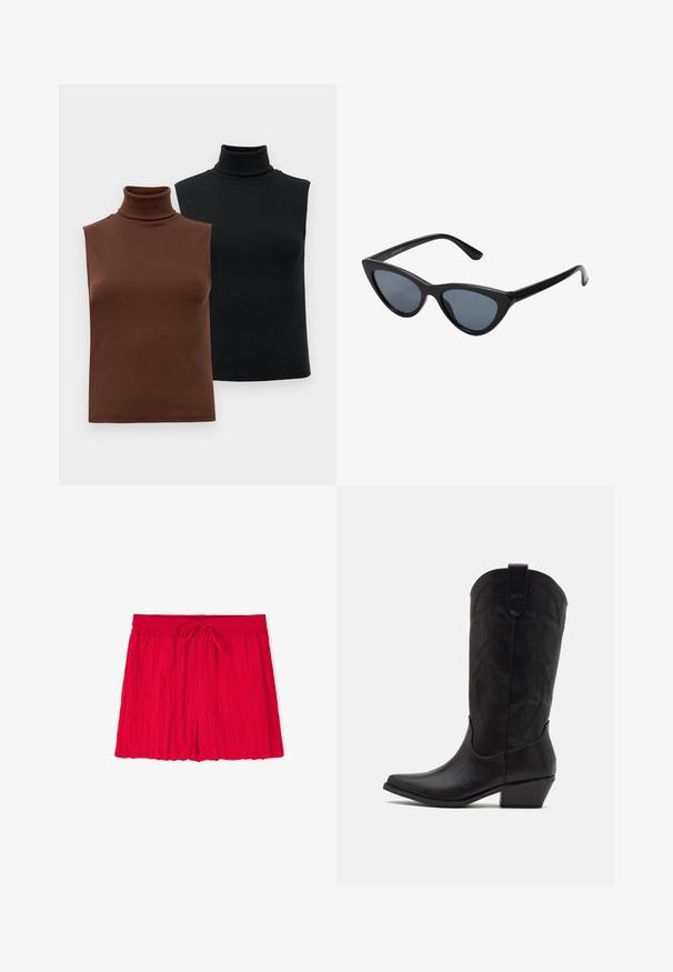 Zwei ärmellose, gerippte Rollkragenoberteile in Braun und Schwarz, auf einem schlichten weißen Hintergrund präsentiert.; Rote, zerknitterte Stoffshorts mit einem elastischen Bund und einer Kordelzugverschluss. Verfügt über eine lockere Passform und gesäumte Kanten.; Schwarze Leder-Cowboystiefel mit spitzer Zehenform, niedrigem, gestapeltem Absatz und kunstvollem, geprägtem Blattmuster am Schaft. Schleife am oberen Ende für einfaches Anziehen.; Schwarze Cat-Eye-Sonnenbrille mit dunkelgrauen Gläsern, schlankem Kunststoffrahmen, spitzen Ecken und geraden Bügeln. Keine sichtbaren Befestigungen oder Akzente.; Burgunderfarbene Lederhandtasche mit geschwungener Form, goldenen Akzenten an den Beschlägen und einem Reißverschlussverschluss. Verfügt über einen abnehmbaren Schultergurt.