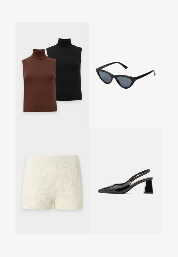 Due top senza maniche a coste, uno marrone e uno nero, esposti su uno sfondo bianco semplice.; Shorts lavorati a maglia in bianco sporco con un motivo testurizzato. Presentano un ampio elastico in vita e un design aderente.; Décolleté nera in vernice con punta affusolata, caratterizzata da un unico tacco a blocco geometrico e una superficie liscia. Cinturino regolabile per supporto.; Occhiali da sole cat-eye neri con lenti grigie scure, montatura in plastica elegante, angoli appuntiti e tempie dritte. Nessuna ferramenta o accenti visibili.; Borse in pelle borgogna con forma curva, dettagli in oro sull'hardware e chiusura con cerniera. Presenta una tracolla staccabile.