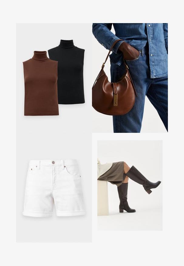 Duas blusas de gola alta caneladas sem mangas, uma em castanho e outra em preto, exibidas num fundo branco liso.; Calções de ganga brancos com uma bainha dobra, design de cinco bolsos e fecho com botão. Apresenta acessórios metálicos e textura suave.; Botas castanhas de couro até ao joelho, com bico quadrado, salto robusto e fecho lateral em zíper. Textura suave com um acabamento polido.; Bolsa hobo de couro castanho com forma arredondada, apresentando um acabamento em metal dourado e costura em contraste. Combinada com uma camisa de ganga e jeans.