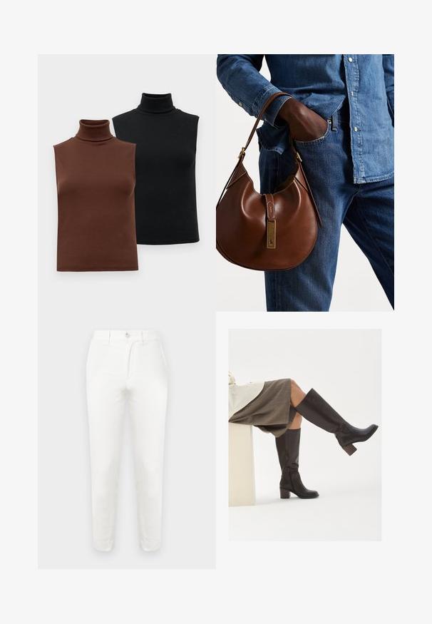 Two sleeveless ribbed turtleneck tops in brown and black, displayed on a plain white background.; White cotton trousers with a slim fit, featuring a simple button closure, flat front, and tapered legs. The fabric appears smooth with minimal texture.; Brown leather knee-high boots with a square toe, chunky heel, and side zipper. Smooth texture with a polished finish.; Brown leather hobo bag with a rounded shape, featuring a gold hardware accent and contrast stitching. Paired with a denim shirt and jeans.