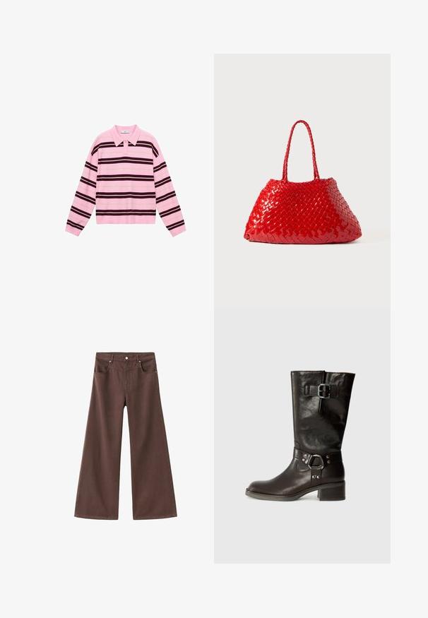 Vaatepaita pitkällä hihalla vaaleanpunaisena, jossa on vaakasuorat raidat tummassa ruskeassa ja vaaleassa beessä. Klassinen kaulus nappisuljennalla.; Ruskeat leveät farkut, jotka on valmistettu denim-kankaasta. Sisältää viisi taskua, vetoketjuhälyn ja metalliset niitit. Sileä pinta ja klassinen muotoilu.; Ruske kožne čizme do kolena s zaobljenim nosom, bočnim detaljem kopče i debelim đonom. Glatka tekstura s metalnim akcentima na remenu.; Punottu punainen käsilaukku kiiltävällä pinnalla, jossa on letitetyt kahvat. Erityinen kolmiomainen muoto ja karheus tiheällä pinnalla.