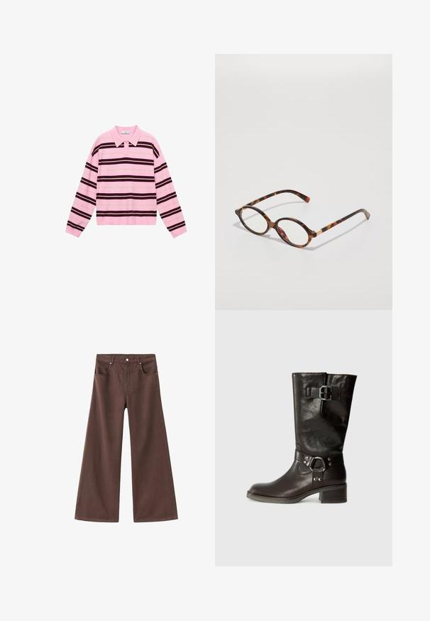 Polo majica s dugim rukavima u svijetlo rozoj boji, s horizonalnim prugama u tamno smeđoj i svijetlo bež boji. Klasični ovratnik s kopčanjem na gumbi.; Smeđe široke traperice izrađene od denima. Imaju pet džepova, patentni rajsferšlus i metalne zakovice. Glatka tekstura i klasičan dizajn.; Smeđe kožne čizme do koljena s zaobljenim prstom, bočnom kopčom i masivnom potpeticom. Glatka tekstura s metalnim naglascima na trakama.; Načini naočala od žirafa u ovalnom okviru, prozirnim staklima i zlatnim akcentima. Ima zakrivljene noge i glatku, sjajnu završnu obradu.