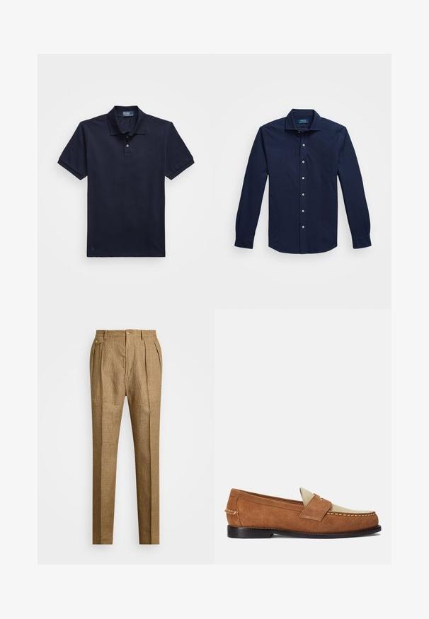 Tumedas sinine polo särk, mis on valmistatud tekstuurilisest kangast, kaheastmelise nööpide ridade ja väikese tikitud logoga hemmi juures. Lühikesed varrukad.; Merevöödri navy sinine pika varrukaga nööbitav särk, mis on valmistatud puuvillast, klassikalise krae, valgete nööpide ja rinnal asuva peene brodeeritud logoga.; Pruunid ruudulised püksid struktureeritud lõikega, millel on volditud esiosa, kaks küljetaskut ja nööbiga sulgemine. Sile tekstuur ja kohandatud disain.; Polo Ralph Lauren ALSTON SUEDE PENNY LOAFER - Jalga libistatavad jalanõud - teak/bone