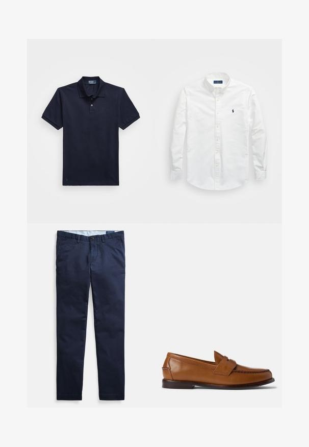 Tums zila polo krekls no teksturēta auduma, ar divu pogu apkakli un mazu izšūtu logotipu apakšmalā. Īsas piedurknes.; Balts krekls ar pogām, kas izgatavots no kokvilnas. Iezīmēts ar uzgaļa tipa apkakli, garām piedurknēm un mazu tumši zilu logotipu uz krūtīm. Gluda tekstūra.; Tumši zili šīnas bikses no kokvilnas maisījuma auduma, ar plakanu priekšpusi, taisniem kāju galiem un vienu pogu jostasvietā.; Brūni ādas loaferi ar platu zoli, noapaļotu purngalu un dekoratīvu šuvumu. Iespējas ietver šūtu detaļu augšpusē un gludu apdari.