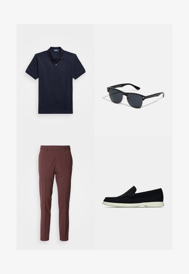 Tums zila polo krekls no teksturēta auduma, ar divu pogu apkakli un mazu izšūtu logotipu apakšmalā. Īsas piedurknes.; BOSS GEORGE - Auduma bikses - open red; Melna slīdnešuve ar noapaļu purngalu, ar teksturētu augšdaļu, gludu baltu zoli un diskrētu zīmola detalizāciju sānos.; Melnas saulesbrilles ar taisnstūra formu, tumšiem stenģiem, sudraba akcentiem pie tempļiem un matētu apdari uz rāmja.