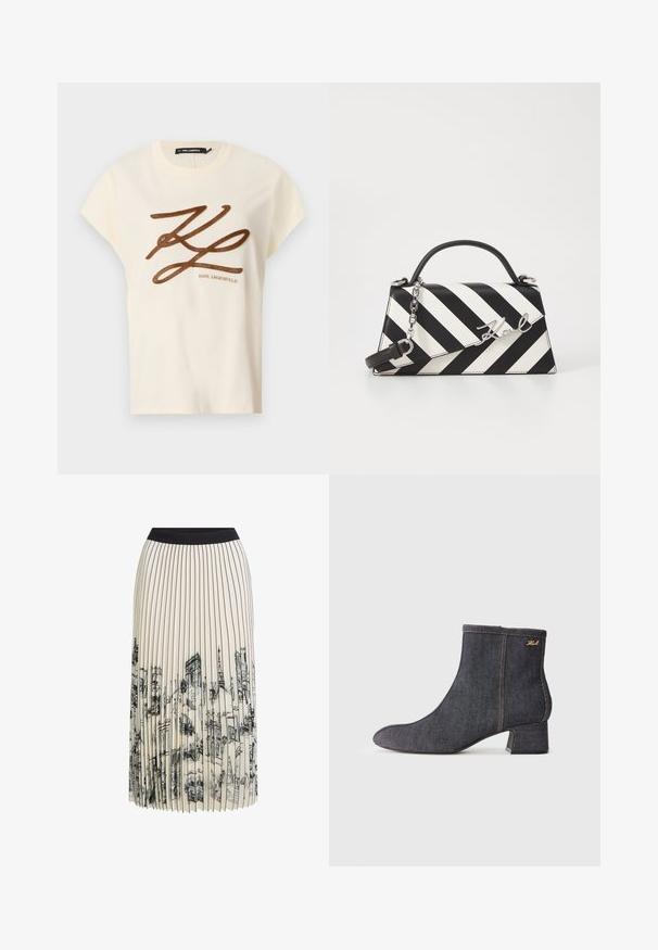 Kreemivärvi puuvillane t-särk lühikeste varrukatega, mille ees on pruun tikandiga logo ja kirjutis.; Kreemine volditud seelik musta taljega, millel on põhjalik arhitektuuri joonistuse print mustas värvis, tõstes esile erinevaid hoonekujundusi.; Tume teksasist sääreking, millel on terav nina, plokk-kand, nähtav õmblus ja peene brändi logo küljel. Ühtlane tekstuur.; Mustriga musta ja valgega käekott, millel on struktureeritud kuju, pehme käepide, eemaldatav ahelriba ja metallist logo aktsent.