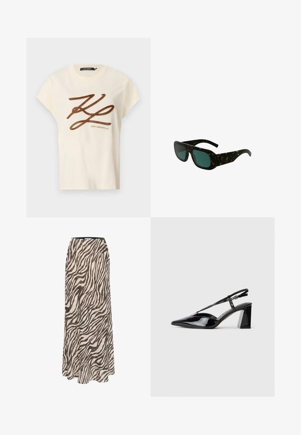 Krém színű pamut póló rövid ujjakkal, melyen elöl egy barna hímzett logó és felirat található.; Gestuz ZOFIA SKIRT - Maxiszoknya - black/white; Fekete lakk bőrből készült slingback magas sarkú cipők hegyes orral, állítható pánttal és vastag téglalap alakú sarokkal.; Tortakártyás napszemüveg, sötétzöld lencsékkel, széles, téglalap alakú kerettel és ívelt szárakkal, sima műanyag felülettel.