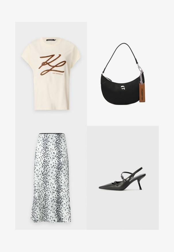 Kreemivärvi puuvillane t-särk lühikeste varrukatega, mille ees on pruun tikandiga logo ja kirjutis.; Knee-pikkusega seelik, millel on valge kangas koos musta ja halli laigulise mustriga, lõpetatud lihtsa vöökoha ja väikese logoga.; Must musta slingback kontsad, terava nina, peenike konts ja dekoratiivne pandla detail peal. Sile tekstuur ja stiilne disain.; Musta nahk kott, millel on krobeline tekstuur, kõver kuju, ülemine tõmblukk, hõbedased detailid ja pruun silt. Omab logo aksenti.