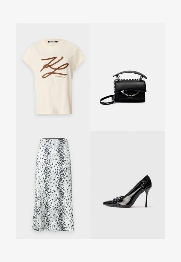 Cream-colored cotton t-shirt with short sleeves, featuring a brown embroidered logo and script design on the front.; A knee-length skirt featuring a white fabric with a black and gray speckled pattern, finished with a simple waistband and a small logo.; Black patent leather stiletto heel shoe with pointed toe, three decorative straps with studs, and "Karl Lagerfeld" branding on heel.; Black leather handbag with a structured design, chain and handle accents, and a textured surface. Features a flap closure with branding visible.