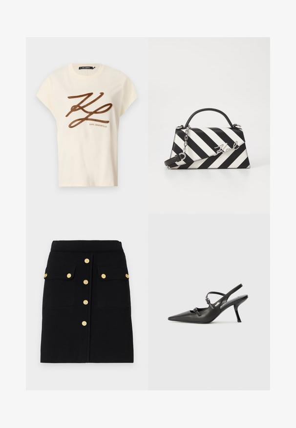 Cream-colored cotton t-shirt with short sleeves, featuring a brown embroidered logo and script design on the front.; Black skirt made of soft fabric featuring a straight cut, gold buttons down the front, and two patch pockets with flap closures.; Black leather slingback heels with a pointed toe, slender heel, and decorative buckle detail on the vamp. Smooth texture and sleek design.; Black and white striped handbag with a structured shape, featuring a top handle, a detachable chain strap, and metallic logo accent.