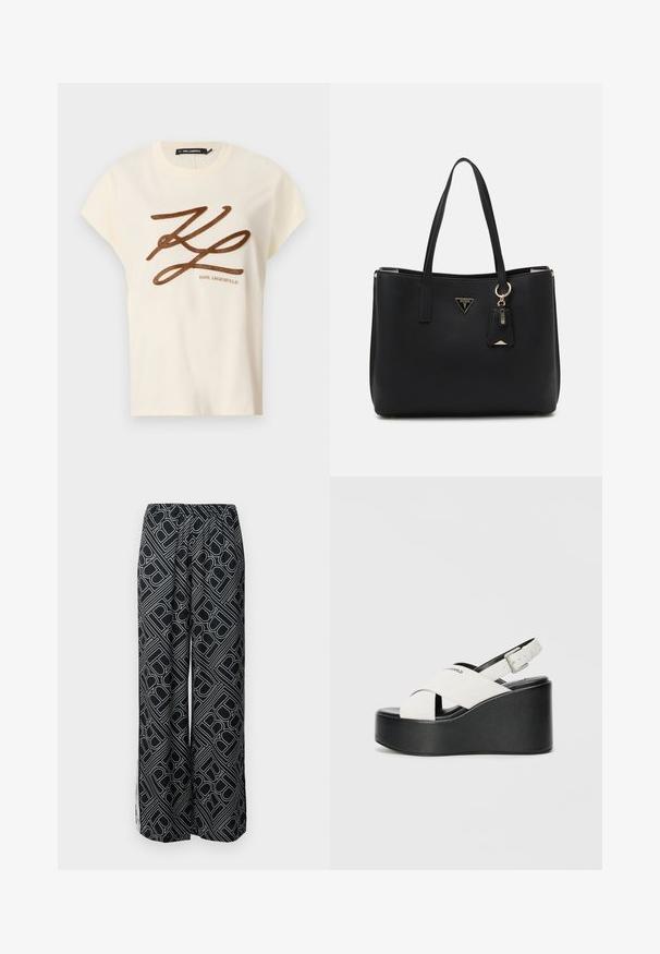 Cream-colored cotton t-shirt with short sleeves, featuring a brown embroidered logo and script design on the front.; Wide-leg trousers made of black fabric featuring a white geometric pattern. Elastic waistband, flowing design, and side slits.; White platform sandals with a black base, featuring a crossed strap design and adjustable ankle buckle. Smooth texture, modern shape.; Black tote bag made of textured synthetic material, featuring two handles, a gold logo plaque, and a small tag with an accent detail.