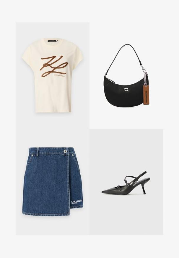 Κρεμ μπλούζα από βαμβάκι με κοντά μανίκια, που διαθέτει καφέ κεντημένο λογότυπο και σχέδιο γραφής μπροστά.; Σατέν φούστα σε σκούρο μπλε με σχέδιο τύπου wrap, ασημί μεταλλικά στοιχεία και λευκό κέντημα "KARL LAGERFELD JEANS" στο στρίφωμα.; Μαύρες δερμάτινες γόβες slingback με μυτερή μύτη, λεπτό τακούνι και διακοσμητική αγκράφα στο επάνω μέρος. Λείος υφής και κομψός σχεδιασμός.; Μαύρη δερμάτινη τσάντα χειρός με υφή βότσαλου, καμπυλωτό σχήμα, κλείσιμο με φερμουάρ στην κορυφή, ασημένια μεταλλικά μέρη και καφέ ετικέτα. Έχει χαρακτηριστικό λογότυπο.