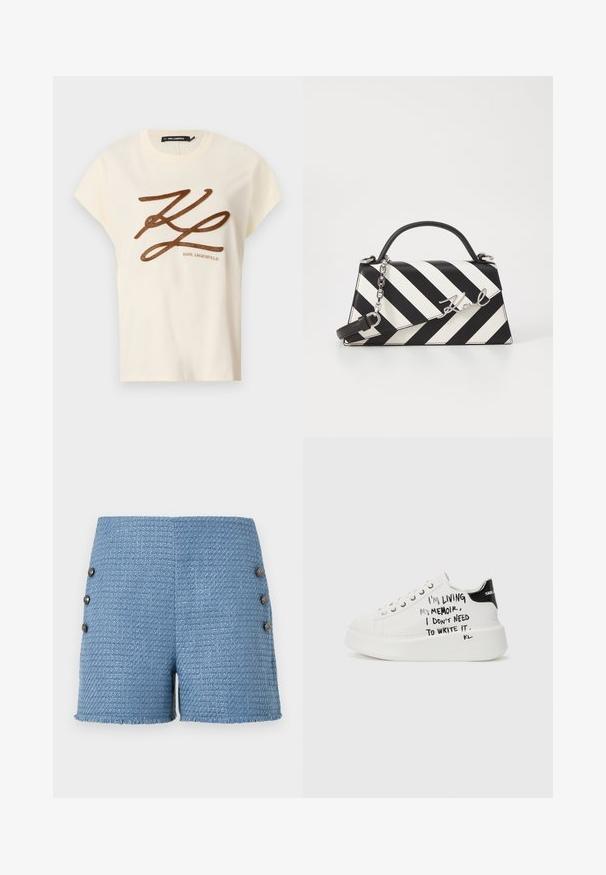 Jasnokremowa bawełniana koszulka z krótkim rękawem, z brązowym haftowanym logo i napisem z przodu.; Niebieskie szorty tkane z teksturowanej tkaniny, z postrzępionym dołem i czterema dekoracyjnymi guzikami z boku dla dodatkowego akcentu.; Białe trampki na platformie z czarnymi akcentami, z teksturowaną podeszwą i odręcznym tekstem po bokach. Wykonane z gładkiej skóry.; Czarna i biała torebka w paski o strukturalnym kształcie, z górnym uchwytem, odpinanym łańcuszkiem oraz metalicznym akcentem z logo.
