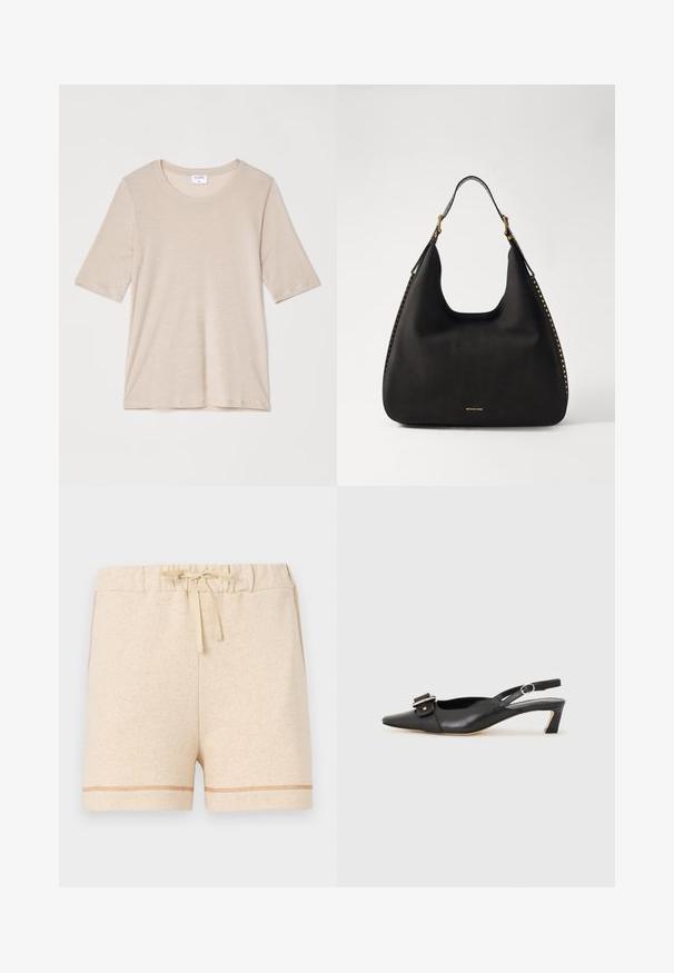 Filippa K ELENA TEE - Basic T-shirt - taupe; Beige cotton shorts with an elastic waistband and drawstring. Features contrasting stitch detailing along the hem and sides.; Black leather slingback shoe with pointed toe, small heel, and decorative buckle detail on the upper. Smooth texture, minimalistic design.; MICHAEL Michael Kors NOLITA HOBO  - Handbag - black