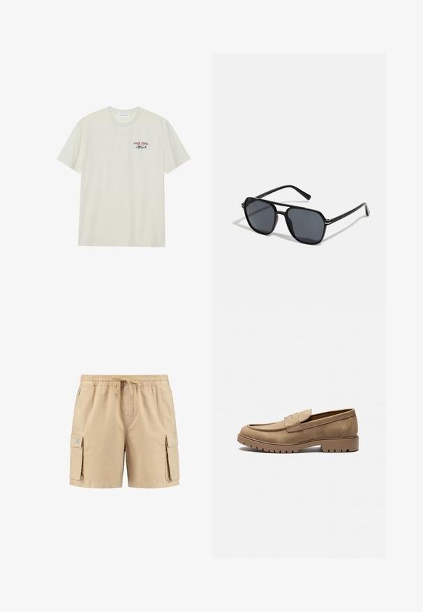 Világos krémszínű pamut póló rövid ujjakkal. Kis kék és piros grafikával rendelkezik, amelyen egy marlin és a "MARLIN TROPHY" szöveg látható.; Beige cargo sortok rugalmas derékkal, zsinórral és két oldalsó zsebbel, sima textúrával és minimális varrással.; Barna velúr mokaszin, lekerekített orral, lapos gumitalppal és díszvarrással a felsőrészen. Slip-on kialakítás, fűző nélkül.; Fekete napszemüveg nyolcszögletű kerettel, sötét lencsékkel, fényes felülettel, vékony szárakkal és arany díszítéssel az elülső részén.