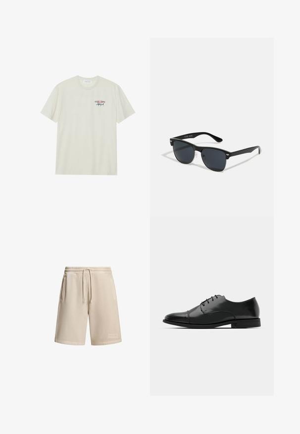 Svetlo krémové bavlnené tričko s krátkymi rukávmi. Obsahuje malú modro-červenú grafiku marlína a text "MARLIN TROPHY".; Béžové šortky vyrobené z bavlnenej zmesi s elastickým pásom a šnúrkou, obsahujúce dve bočné vrecká a malú nášivku loga na leme.; Čierne kožené spoločenské topánky s okrúhlou špičkou, šnurovací dizajn, jemné prešívanie a nízky podpätok. Hladká štruktúra s lesklým povrchom.; Čierne slnečné okuliare s obdĺžnikovým tvarom, tmavými sklami, striebornými akcentmi na bočných okrajoch a matným povrchom rámu.