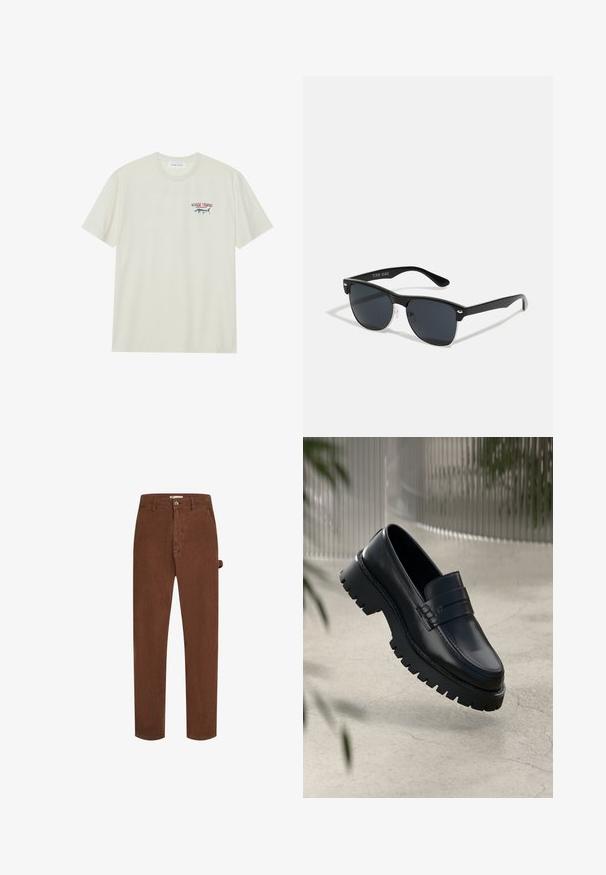 Gaiši krēmkrāsas kokvilnas T-krekls ar īsām piedurknēm. Ar nelielu zilu un sarkanu marlina grafiku un tekstu "MARLIN TROPHY".; Brūni korduroja bikses ar taisnu griezumu, priekšējo pogu aizdari un vienu sānu cilpu detaļu. Audums izceļas ar mīkstu, faktūrētu virsmu.; Melni ādas loafers ar masīvu protektora zoli, ar dekoratīvu siksnu un šuvuma detaļām. Gluda tekstūra ar spīdīgu apdari.; Melnas saulesbrilles ar taisnstūra formu, tumšiem stenģiem, sudraba akcentiem pie tempļiem un matētu apdari uz rāmja.