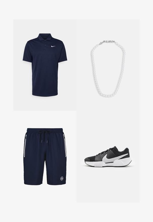 Polo shirt blu navy realizzato in tessuto liscio, con un colletto a tre bottoni, maniche corte e un piccolo logo Nike bianco sul petto.; Shorts da bagno blu navy con elastico in vita e lacci regolabili. Presentano due tasche con zip bianche e un logo sulla gamba sinistra.; Scarpe sportive nere con una parte superiore testurizzata, logo swoosh bianco, tallone imbottito e una suola bianca a contrasto con un motivo a zigzag.; Collana di perle bianche con una texture liscia, dotata di un chiusura in argento con la scritta "HUGO" in rilievo. Perle di dimensioni uniformi in un design classico.