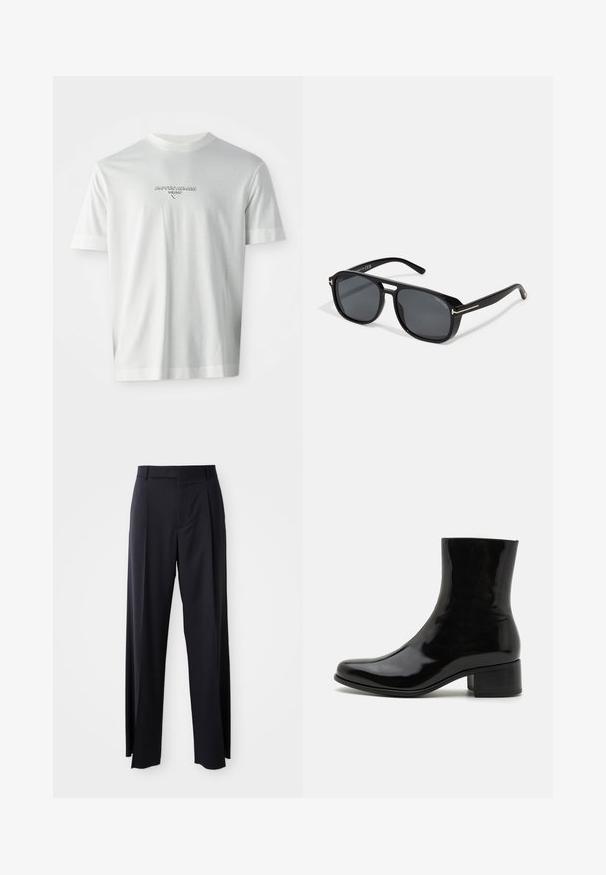 Fehér, rövid ujjú póló, a mellkason középen található "EMPORIO ARMANI MILANO" logóval, diszkrét, kiemelkedő betűtípussal.; Fekete, magasan ültetett nadrág, széles szárai vannak, sima anyagból készült. Elülső redők és övhurkok jellemzik. Minimalista dizájn, látható fémalkatrészek nélkül.; Fekete fényes bokacsizma lekerekített orral, közepes magas blokk sarkal, sima textúrával. Zökkenőmentes kialakítás, látható hardver nélkül.; Fekete négyzet alakú napszemüveg szürke lencsékkel, elegáns arany részletekkel a szárakon és matt felületű kerettel a korszerű megjelenés érdekében.