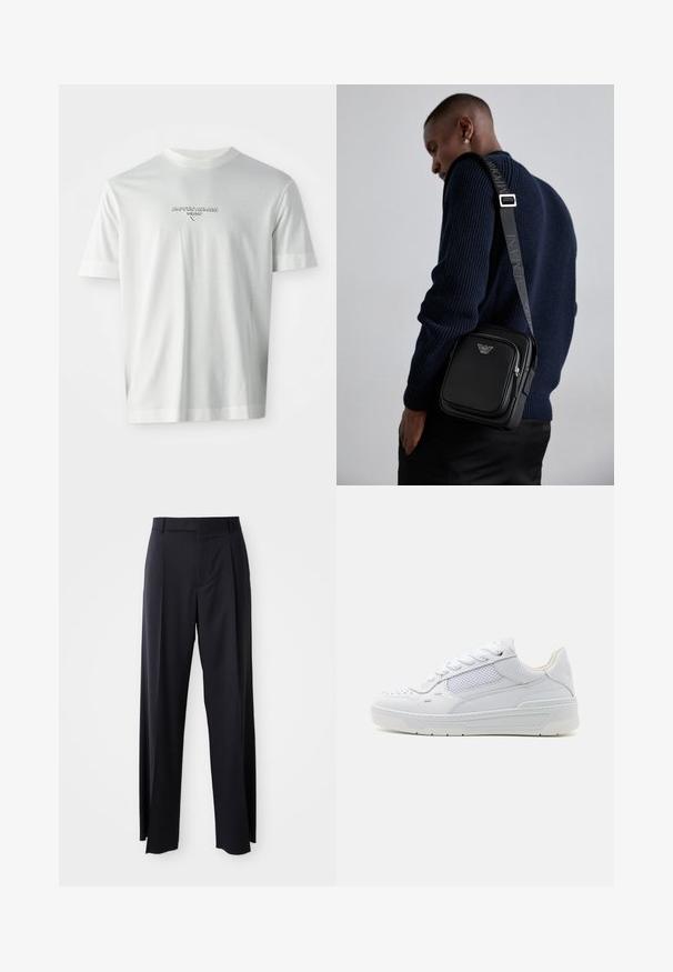 Vit T-shirt med kort ärm och "EMPORIO ARMANI MILANO" logotyp centrerad på bröstet i subtilt upphöjd bokstavsstil.; Svarta, högmidjade byxor med vida ben, gjorda av mjukt tyg. Har framtill veck och bälteshällor. Minimalistisk design, ingen synlig hårdvara.; Vit sneakers i läder och mesh, rund tå, platta snören och en texturerad sula med subtilt varumärke på sidan.; Svart läder crossbody-väska med ett zippered fack, logodetalj och en justerbar axelrem med märke. Bärs mot en strukturerad marinblå tröja.