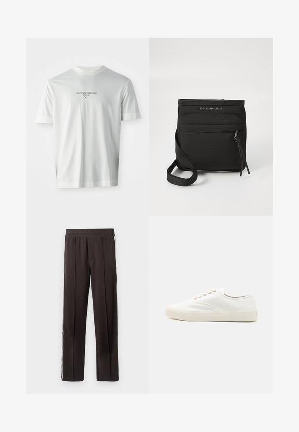 Hvit T-skjorte med kort erm og "EMPORIO ARMANI MILANO"-logo i subtil hevet skrift, plassert sentrert på brystet.; Svart joggebukser laget av et mykt stoff, med elastisk midje, to sidelommer og hvite sidestrekker. Klassisk rett benklipp.; Hvite lerret sneakers med rund tå, snøring, gullnitter og en teksturert gummisåle. Minimalistisk stil, lavprofil silhuett.; Svart Emporio Armani crossover-veske med frontlomme med glidelås, justerbar stropp og logo-detalj på teksturert stoff.