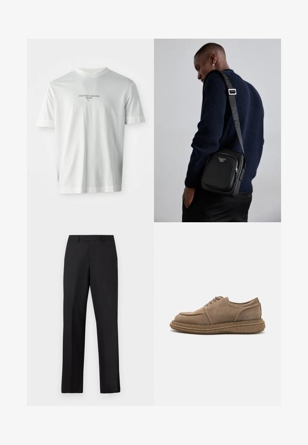 Witte T-shirt met korte mouwen met het logo "EMPORIO ARMANI MILANO" gecentreerd op de borst in subtiel verhoogde letters.; Zwarte, rechte broek van gladde stof. Voorzien van een standaard tailleband en geen zichtbare patronen of accenten.; Bruine suède veterschoenen met een ronde neus, een gestructureerde kurken zool en een iets verhoogde hak. Eenvoudige stiksels aan de zijkanten.; Zwarteleren schoudertas met een ritscompartiment, logo-detail en een verstelbare band met merk. Draag gezien tegen een gestructureerde marineblauwe trui.