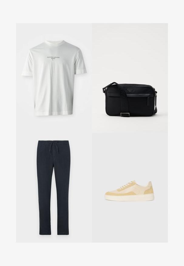 Balts īsām piedurknēm T-krekls ar "EMPORIO ARMANI MILANO" logo, kas centrēts uz krūts, subtīli paceltā burtā.; Tumši jūraszils lina bikses ar aukliņu jostas vietā, taisna kāju dizains un minimāla tekstūra. Nav redzamu rakstu vai detaļu.; Sarkani kedu no gaišas dzeltenas zamšas un ādas, ar mīkstinātu zoli un izšūti akcenti. Klasisks auklu aizdare ar noapaļotu purngalu.; Melna neilona plecu soma ar kontrastējošu siksnu, gludu taisnstūra formu, logotipa detaļu un rāvējslēdzēja kabatu priekšpusē.