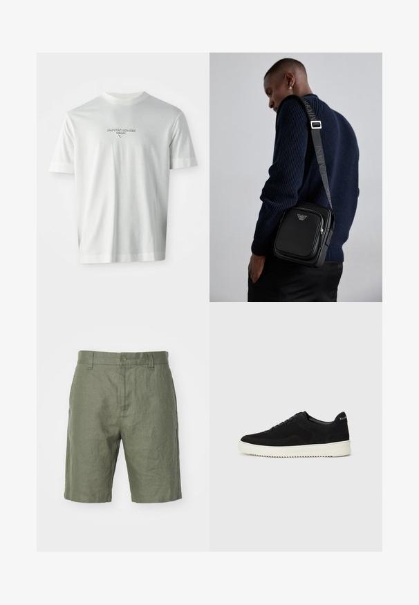 White short-sleeve T-shirt with "EMPORIO ARMANI MILANO" logo centered on the chest in subtle raised lettering.; NN.07 CROWN - Shorts - khaki; Black suede sneaker with lace-up design and contrasting white rubber sole. Features textured side panels and subtle branding on the heel.; Black leather crossbody bag with a zippered compartment, logo detail, and a branded adjustable strap. Worn against a textured navy sweater.