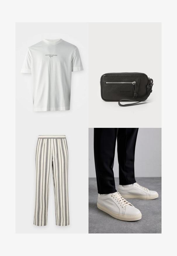 Balts īsām piedurknēm T-krekls ar "EMPORIO ARMANI MILANO" logo, kas centrēts uz krūts, subtīli paceltā burtā.; Svītrainie bikses gaiši krēmkrāsā ar plānām pelēkām vertikālām svītrām. Iekļauj elastīgu jostasvietu un taisnu kāju griezumu.; Gai beige ādas kedas ar plakaniem šņorēm, teksturētu virsmu un kontrastējošu krēmkrāsas gumijas zoli, apvienotas ar melniem pieguļošiem biksēm.; Melnas ādas clutch soma ar teksturētu virsmu, priekšējo rāvējslēdzēja kabatu un noņemamu roku siksnu. Iekļauts logotipa uzlikums priekšpusē. Taisnstūra forma.