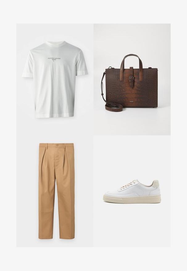 Fehér, rövid ujjú póló, a mellkason középen található "EMPORIO ARMANI MILANO" logóval, diszkrét, kiemelkedő betűtípussal.; Bézs pamut nadrág, amely laza szabású, plisszírozott dizájnnal, gombos derékpánttal és egyenes szárú fazonnal rendelkezik. Simító textúra, minta nélküli.; Fehér sneaker sima bőr felsőrésszel, bézs fűzőkkel és texturált bézs velúr sarkal. Magasított talp a plusz magasság érdekében.; Barna krokodilbőr hatású bőr kézitáska tetejére erősített füllel és levehető vállpánttal. Csattal záródik, és téglalap alakú.