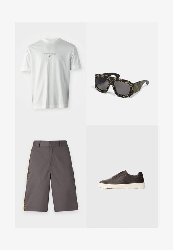 Hvid kortærmet T-shirt med "EMPORIO ARMANI MILANO" logo centreret på brystet i subtilt hævet skrift.; Grå shorts lavet af et glat stof, med sidepaneler i leopardprint, flad front og standard taljeelastik.; Mørkebrune læder sneakers med tekstureret overflade, rund tå og kontrasterende cremefarvet gummisål. Har snørebånd og diskrete syninger.; Sorte solbriller med oversize firkantede stel med et gentaget guld "GG" logo mønster. Grå linser med en glat overflade.