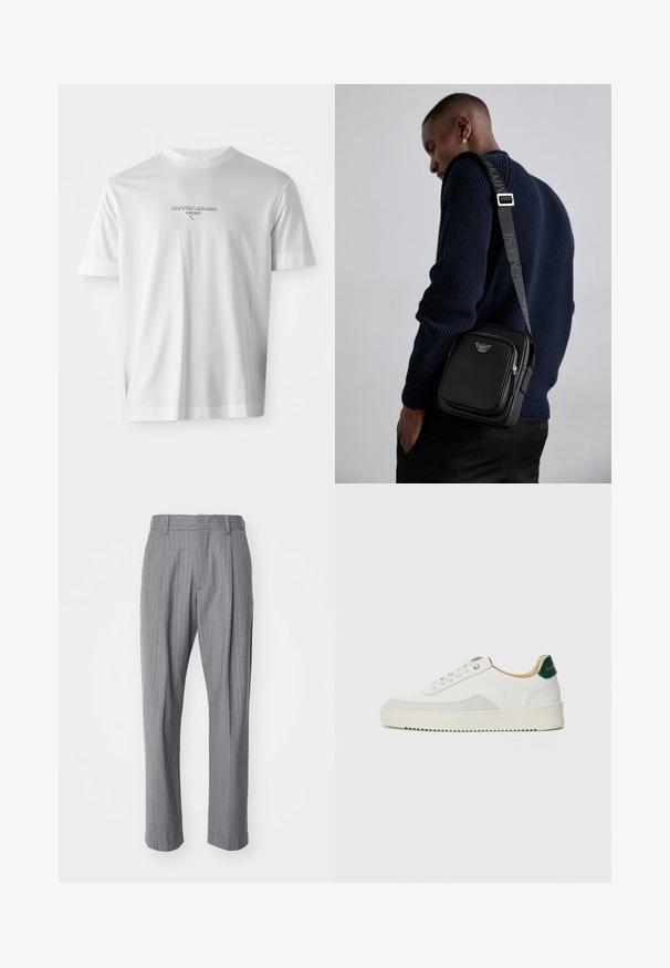 Camiseta blanca de manga corta con el logo "EMPORIO ARMANI MILANO" centrado en el pecho en letras sutilmente en relieve.; NN.07 KAY - Pantalones - grey; Zapatilla blanca con acentos de ante, puntera redondeada, cordones planos y suela de goma color crema. Presenta un logo verde en el talón.; Bolso cruzado de cuero negro con un compartimento con cremallera, detalle de logo y una correa ajustable de marca. Llevado sobre un suéter de punto azul marino.