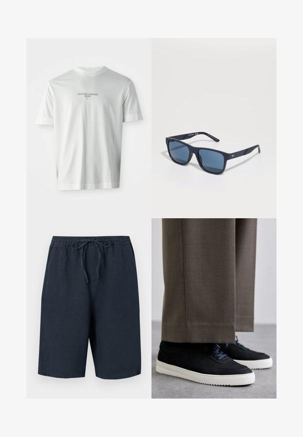 Hvit T-skjorte med kort erm og "EMPORIO ARMANI MILANO"-logo i subtil hevet skrift, plassert sentrert på brystet.; Mørk marineblå linsjeshorts med elastisk midjebånd og justerbar snøring. Har sidelommer og en avslappet passform.; Svarte suedeglans sneakers med hvite gummisåler, med rund tå og lisser, iført grå skreddersydde bukser.; Blå rektangulære solbriller med mørke linser, matt marineblå ramme, logo-detajler på stengene, rette armer og en solid, glatt tekstur.
