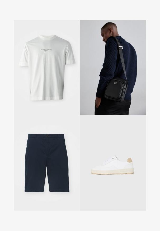 Hvit T-skjorte med kort erm og "EMPORIO ARMANI MILANO"-logo i subtil hevet skrift, plassert sentrert på brystet.; Marineblå shorts laget av bomull med flat front, knappelukking og sidelommer. Knelengde med en jevn tekstur og rene sømmer.; Hvite lave sneakers med overdel i teksturert skinn, kremfarget såle med ribber og en brunt fargeklatt på hælen. Har hvite lisser og logodetalj på hælen.; Svart lær crossbody-veske med en glidelåslomme, logo-detalj og justerbar rem med merke. Båret mot en teksturert marineblå genser.