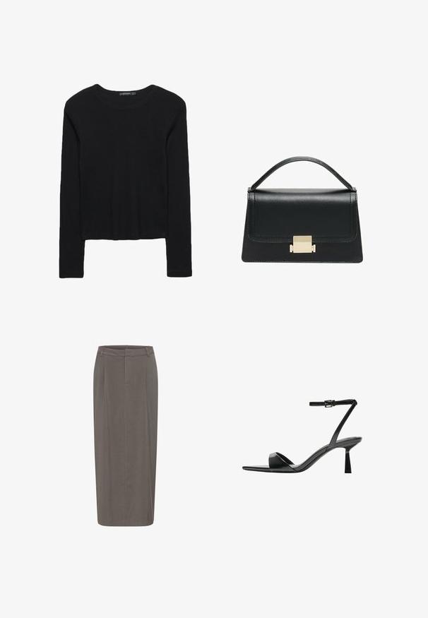 Zwarte langmouwtop van textuurstof. Heeft een ronde halslijn en een cropped ontwerp met aansluitende mouwen. Geen zichtbare patronen.; Grijze kokerrok met een rechte silhouet, voorzien van voorplooien, een tailleband en een gladde textuur. Geen zichtbare sluitingen of zakken.; Bershka Sandalen met hoge hak - black; Zwarte lederen handtas met een gestructureerd ontwerp, bovenhandgreep en een gouden metalen sluitingdetails aan de voorkant. Gladde textuur, minimale stiksels.