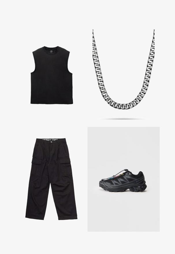 Svart ärmlös bomullströja med rundad halsringning, avslappnad passform och sydda fållar. Slät textur, enkel design.; Svarta cargobyxor i bomull, med en avslappnad passform, flera sidfickor och en platt midja med synliga detaljer.; Svart atletiska skor med ett texturerat meshinert, förstärkt tån och ett snabblåsningssystem. Har en robust sula och lätt hälhöjning.; Metal kedja halsband med sammanflätade länkar, polerad silverfärg, slät textur och en tjock, platt design.