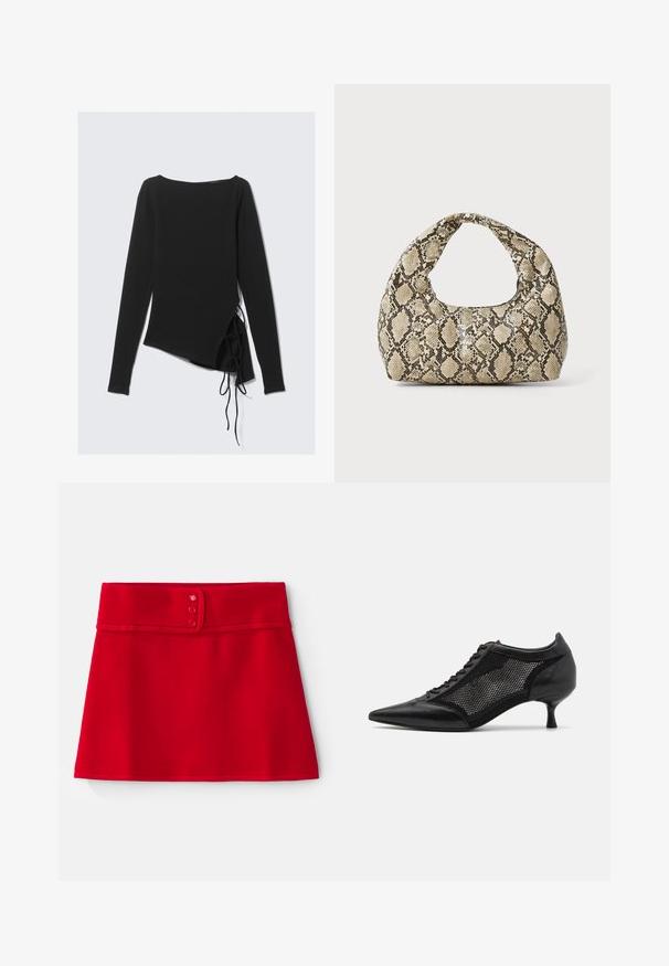 Černý dlouhý rukáv top s lodním výstřihem, asymetrickým designem a bočními vázáním pro přizpůsobení. Měkká, pružná tkanina s hladkým povrchem.; Červená áčková sukně z hladkého materiálu s širokým pasem, na kterém jsou tři růžové knoflíky, a zahnutým spodním okrajem.; Černá špičatá obuv s designem síťové panelů, s nízkým podpatkem a šněrováním v přední části. Vyrobeno z kombinace kůže a síťového materiálu.; Kabelka s hadím vzorem a zakřiveným držadlem. Vyrobena z texturovaných béžových a hnědých materiálů, s charakteristickým diamantovým vzorem.