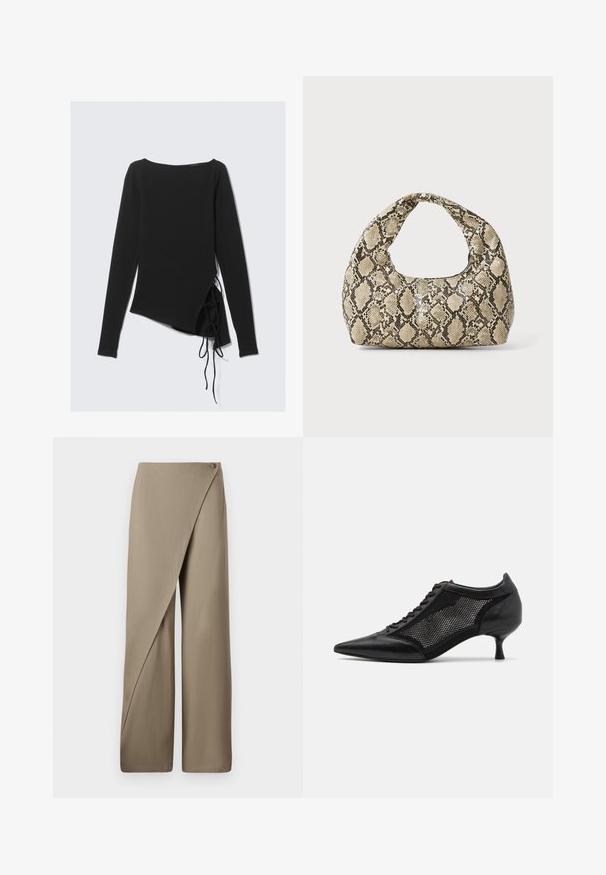 Melna garā piedurkne topiņa ar laivu izgriezumu, asimetrisku dizainu un sānu saitēm, kas nodrošina regulējamu fitu. Mīksts, elastīgs audums ar gludu tekstūru.; Beige platās kājas bikses ar drapētu priekšpusi, ar vienu pogu aizdari un gludu, vieglu auduma tekstūru.; Melnas norādītas kurpes ar sietu paneļa dizainu, kurām ir zems papēdis un šnuces priekšpuse. Izgatavotas no ādas un sieta materiāla kombinācijas.; Čūsku raksta soma ar izliekto rokturi. Izgatavota no teksturētiem, bēšiem un brūniem materiāliem, ar izteiksmīgu dimanta rakstu.