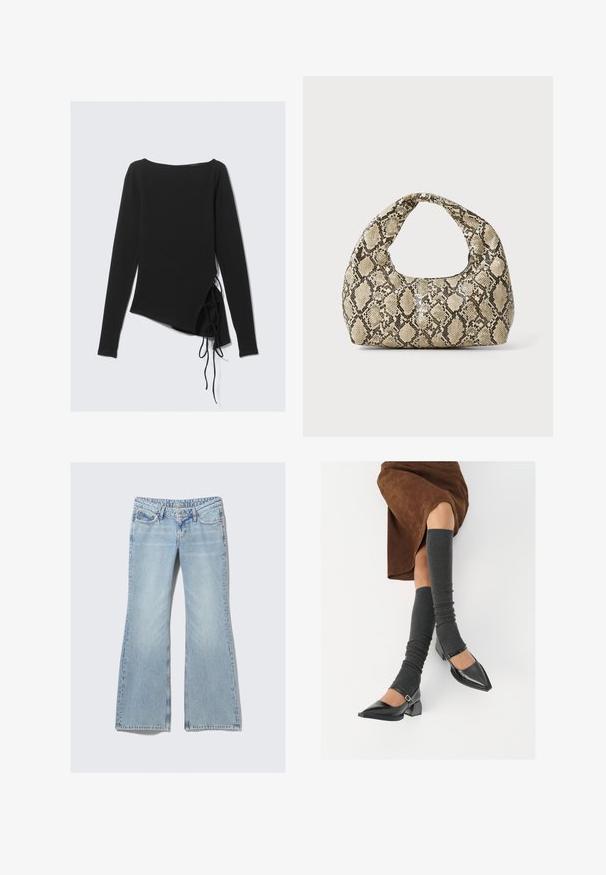Černý dlouhý rukáv top s lodním výstřihem, asymetrickým designem a bočními vázáním pro přizpůsobení. Měkká, pružná tkanina s hladkým povrchem.; Weekday NOVA - Džíny Slim Fit - lip blue; Černé lakované boty s špičatou špičkou, blokovým podpatkem a kotníkovým páskem, spárované s šedými žebrovanými návleky na nohy a hnědskou sukní z semiše.; Kabelka s hadím vzorem a zakřiveným držadlem. Vyrobena z texturovaných béžových a hnědých materiálů, s charakteristickým diamantovým vzorem.