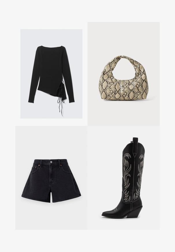 Zwarte top met lange mouwen en een bateauhals, asymmetrisch ontwerp en zijstrikjes voor een verstelbare pasvorm. Zachte, rekbare stof met een gladde textuur.; Zwarte denim shorts met een hoge taille, voorzien van een sluiting met een knoop aan de voorkant, een vijf-pocket ontwerp en een licht uitlopende vorm.; Zwarte leren cowboylaarzen met spitse neuzen, wiggenhakken en zilver geborduurde bloemmotieven langs de schacht. Contrasterende stiksels overal.; Slangpatroon handtas met een gebogen handvat. Gemaakt van gestructureerde, beige en bruine materialen, met een kenmerkend ruitpatroon.