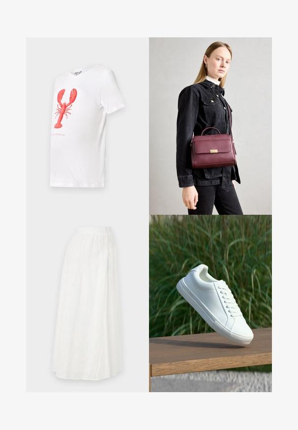 Valkoinen puuvillainen T-paita, jossa on punainen hummerikuvasto keskellä. Kuvaston alla teksti lausuu: "Ihan vain kutsu minua itserakkaaksi." Lyhyet hihat.; Valkoinen maksihame, jossa on joustava vyötärö, ja jossa on teksturoitu kukkakuvio ja pitsimäiset leikkuut koko kankaan läpi.; Valkoinen nahkakengät, joissa on pyöreä kärki, nauhakiinnitys ja teksturoitu kumipohja, esitelty sumean vihreän ruohotaustan edessä.; Burgundin värinen nahkainen käsilaukku, jossa on kultainen solki, jämäkkä muoto, yläkahva ja säädettävä olkahihna. Mallilla on päällä farkkutakki.